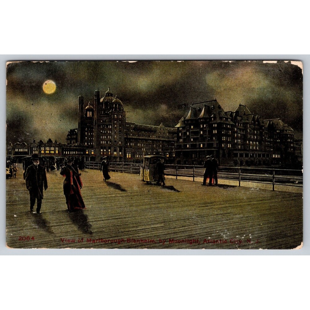 Postcard NJ Atlantic City Marlborough Blenheim by Moonlight Full Moon Post 1912